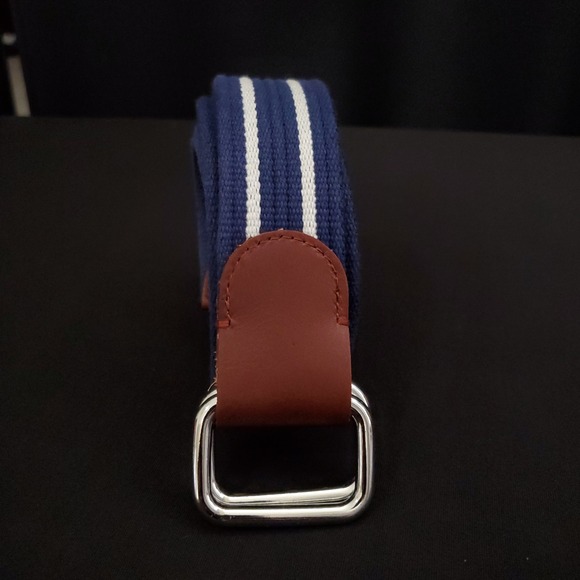 Brooks Brothers 346 Men's Blue White Striped Cotton Leather Belt Large - Picture 1 of 9